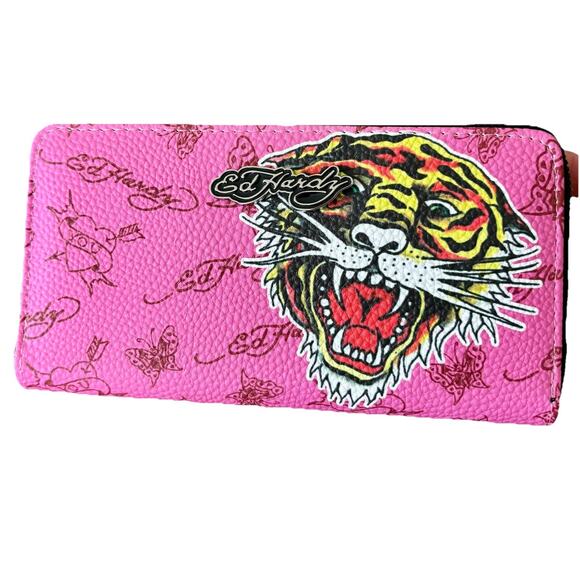 ED HARDY Love Kills Slowly PINK Iconic Screaming Tiger Tattoo Zip Wallet Y2K NWT - Picture 1 of 16